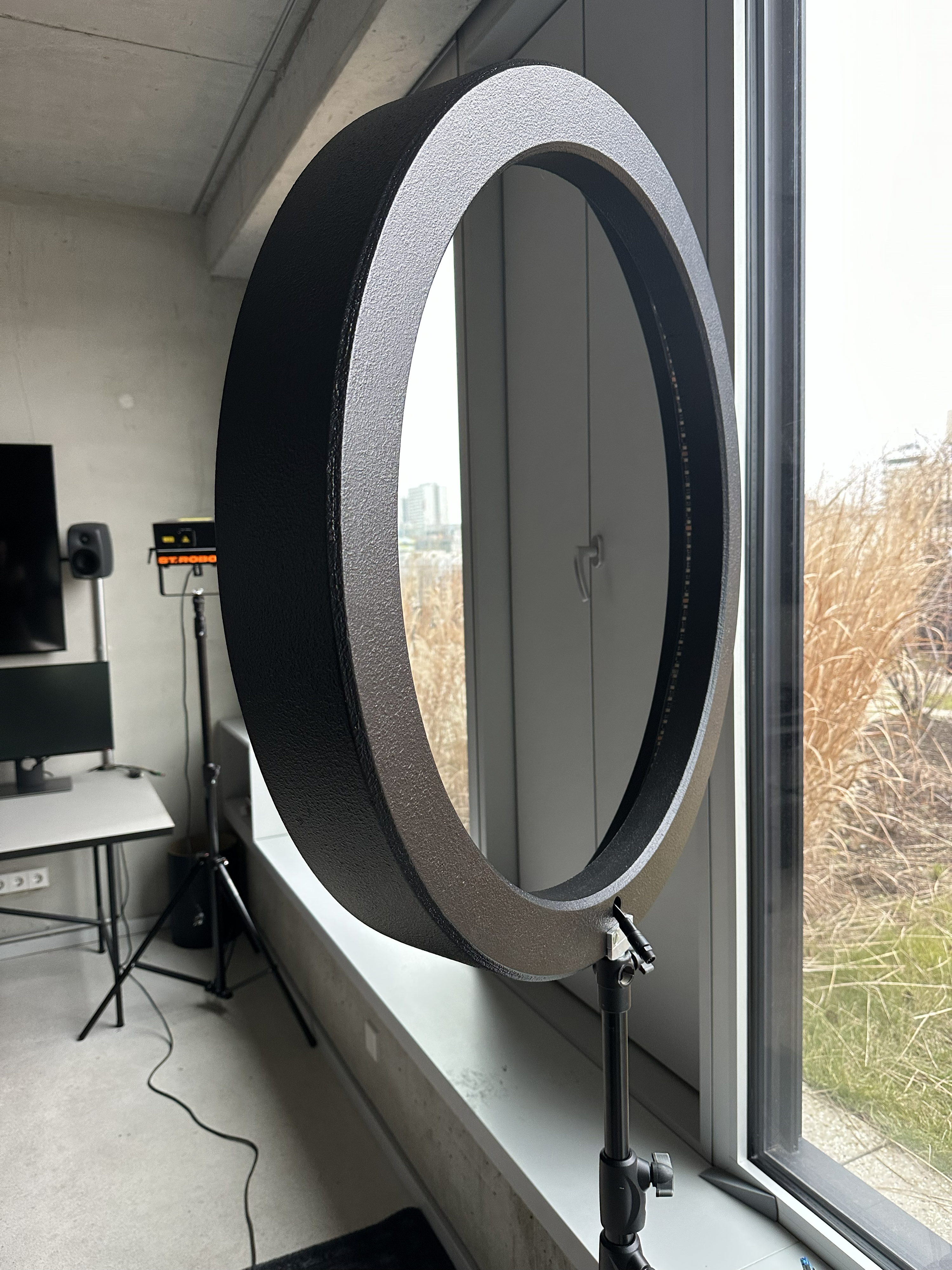 Ring light prototype standing by the window