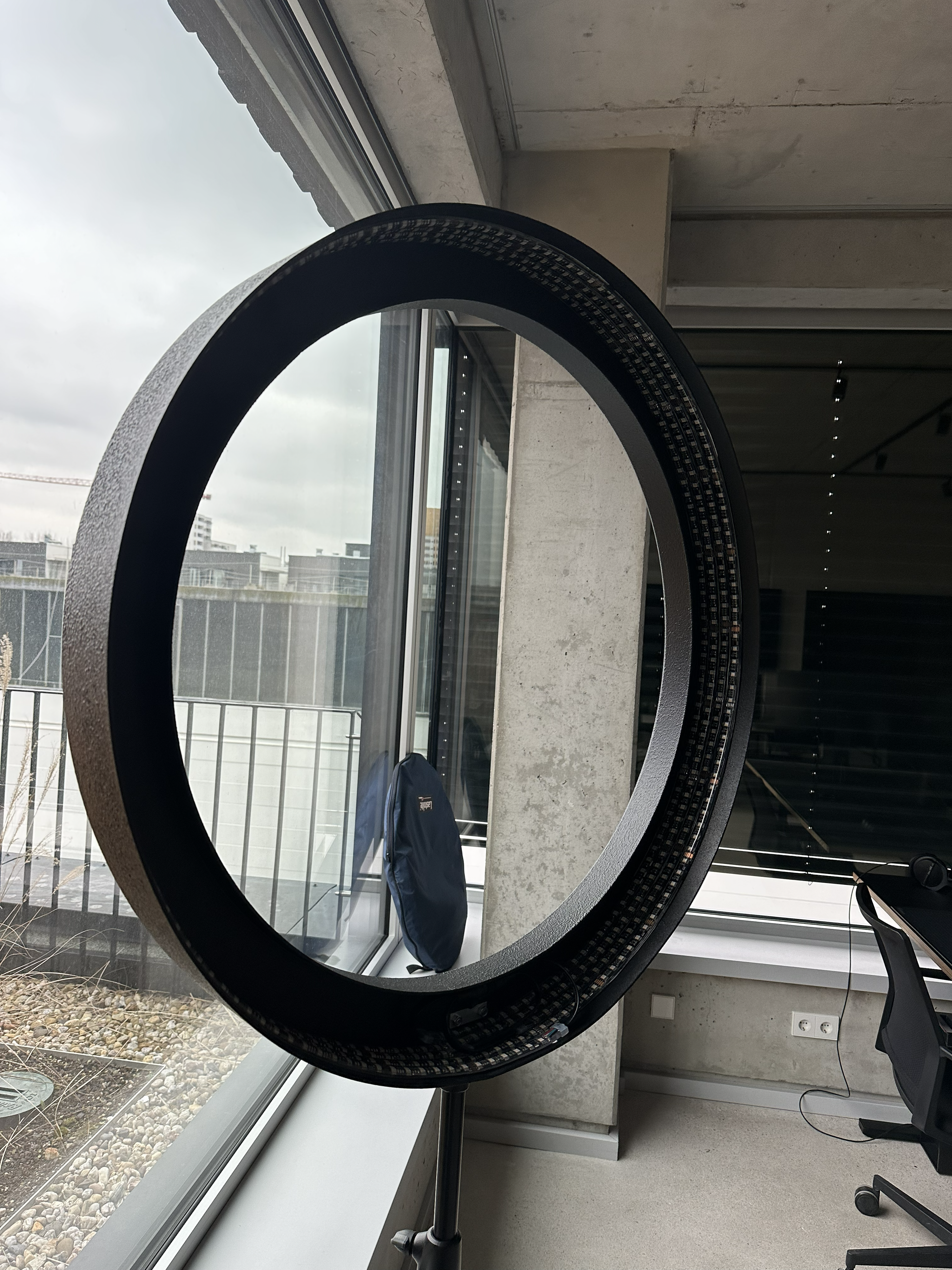 Finished one-metre ring light standing in the studio