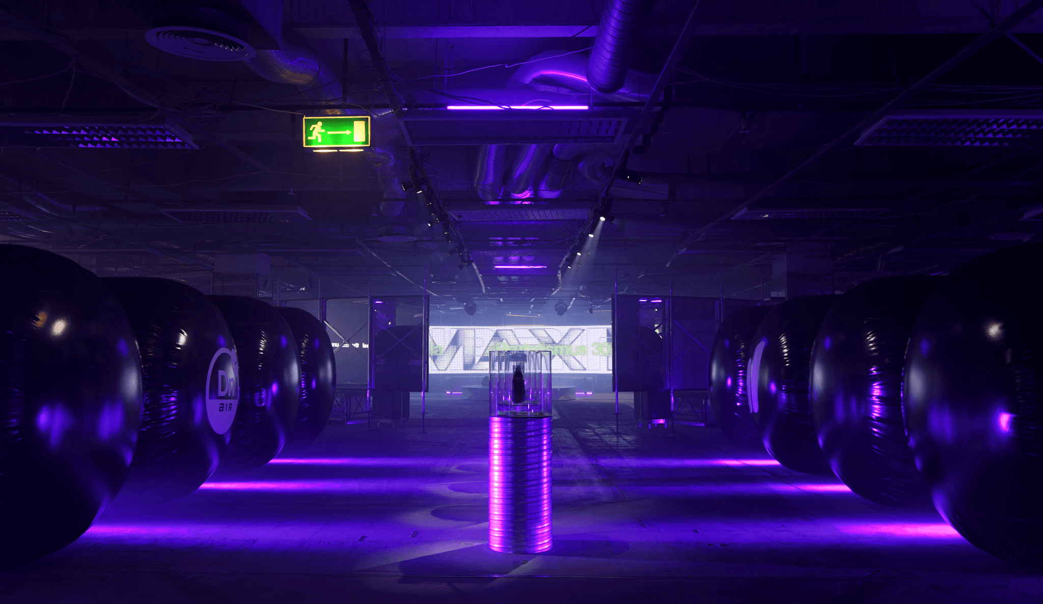 Nike Air Max Day: warehouse in purple light with DJ booth and LED wall