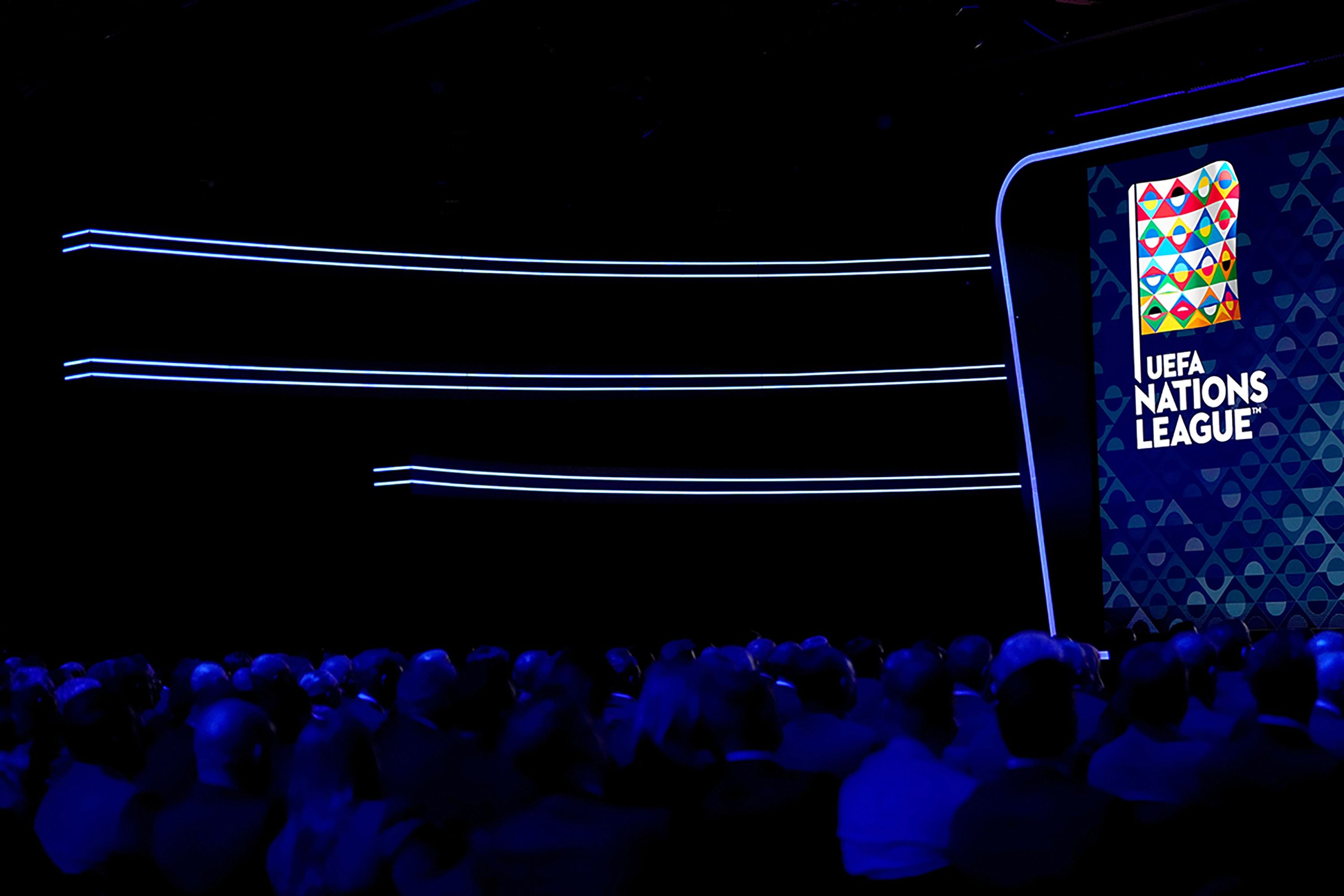 UEFA Nations League Draw 2026: stage with horizontal light lines and LED screen