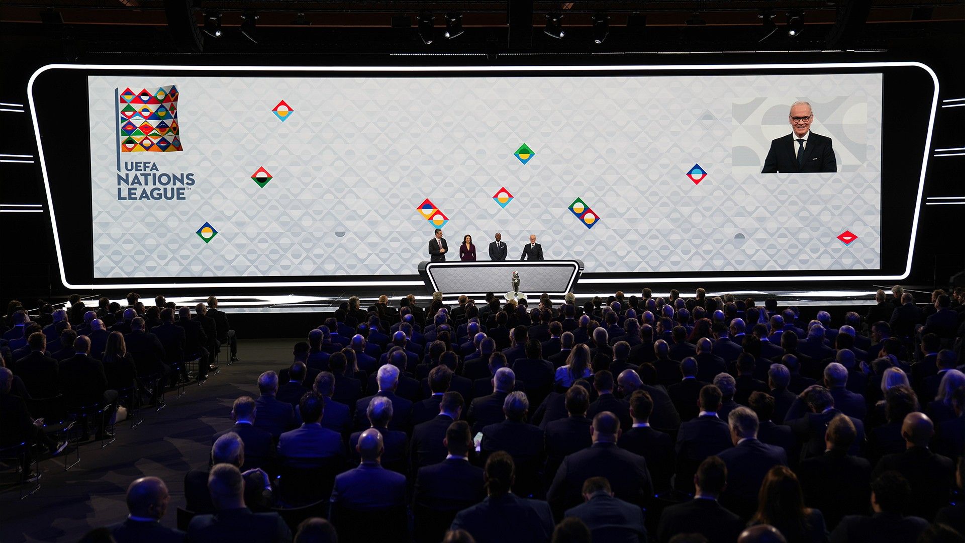 UEFA Nations League Draw 2026: draw on stage in front of the audience and LED wall