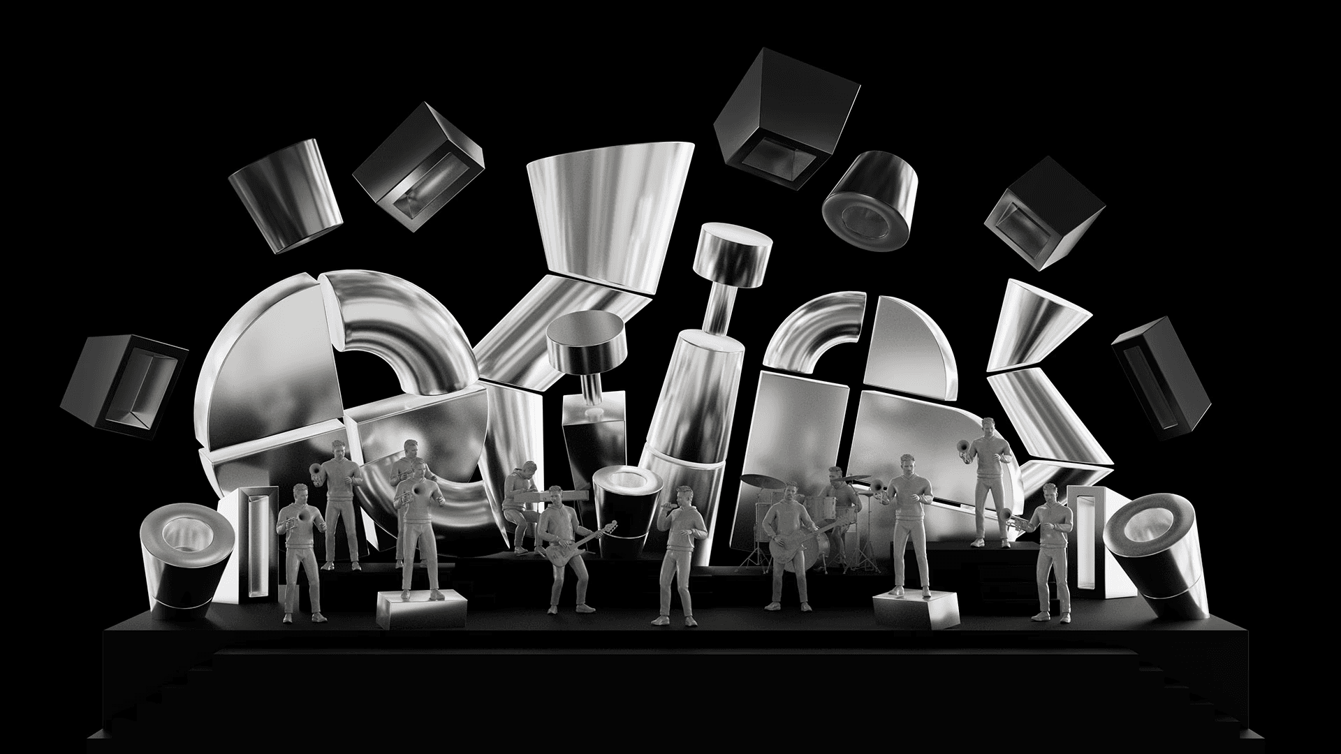 Querbeat stage design: chrome geometric objects, render