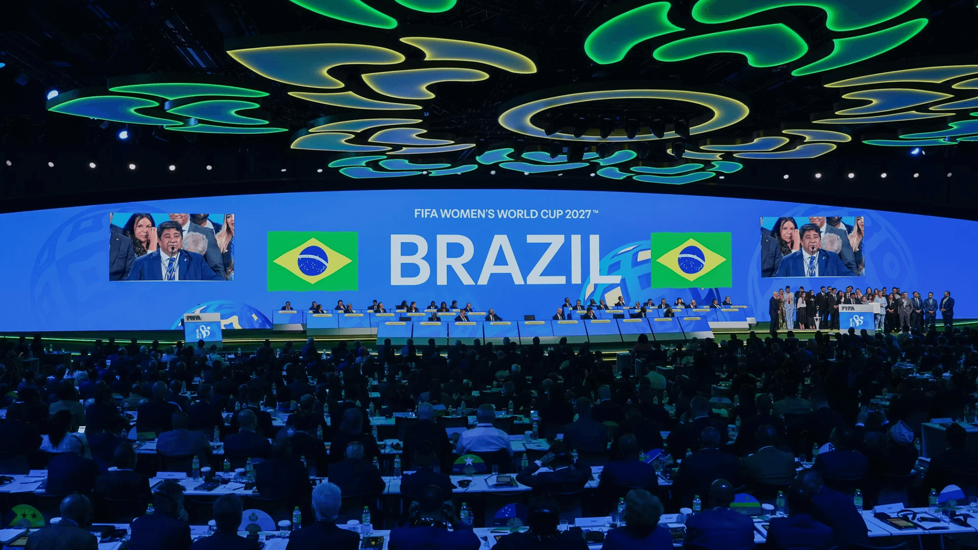 FIFA Congress 2024: LED wall with green 3D ornaments and the Brazil result