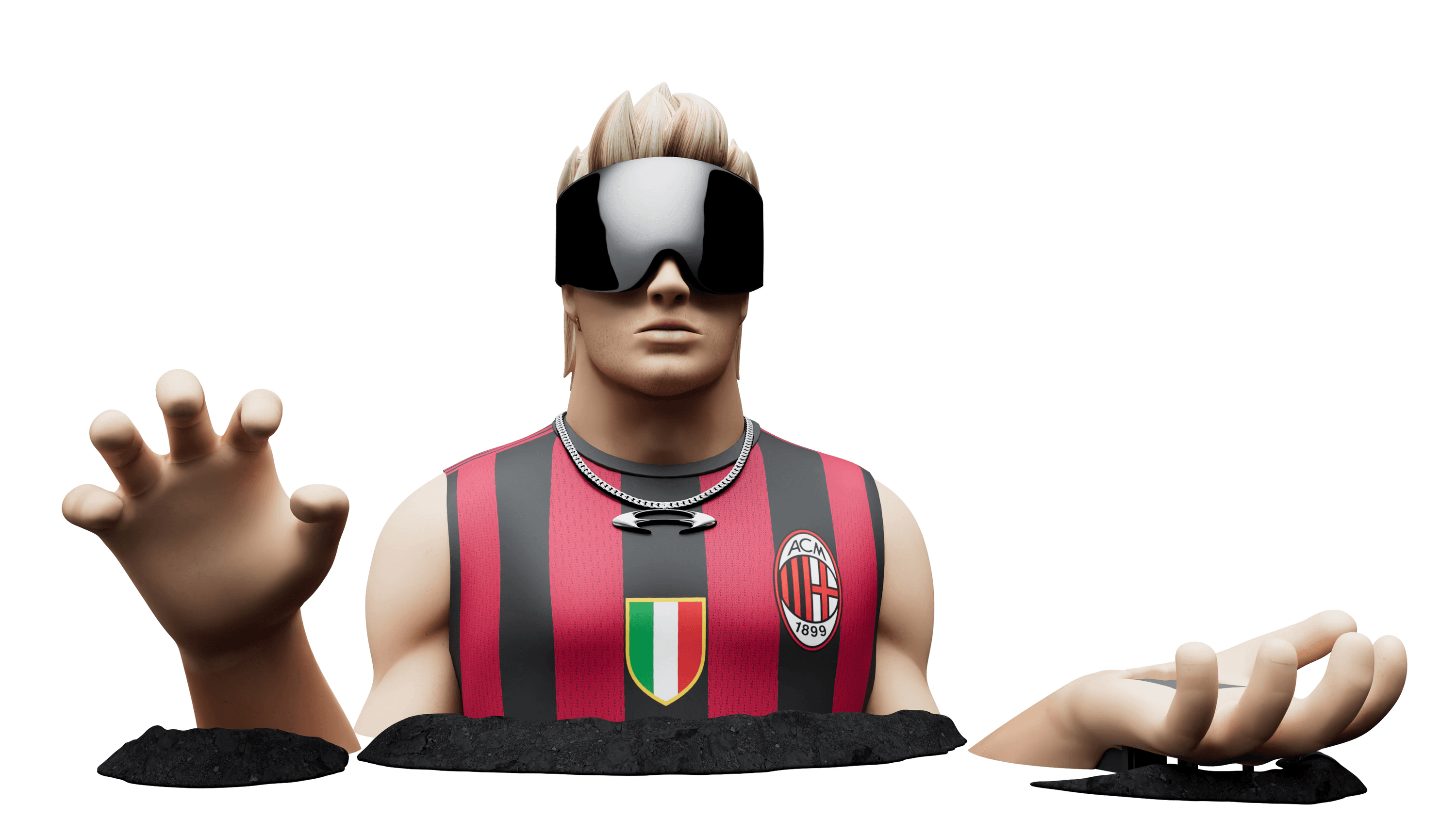 Ski Aggu inflatable: design render of the oversized artist figure with goggles