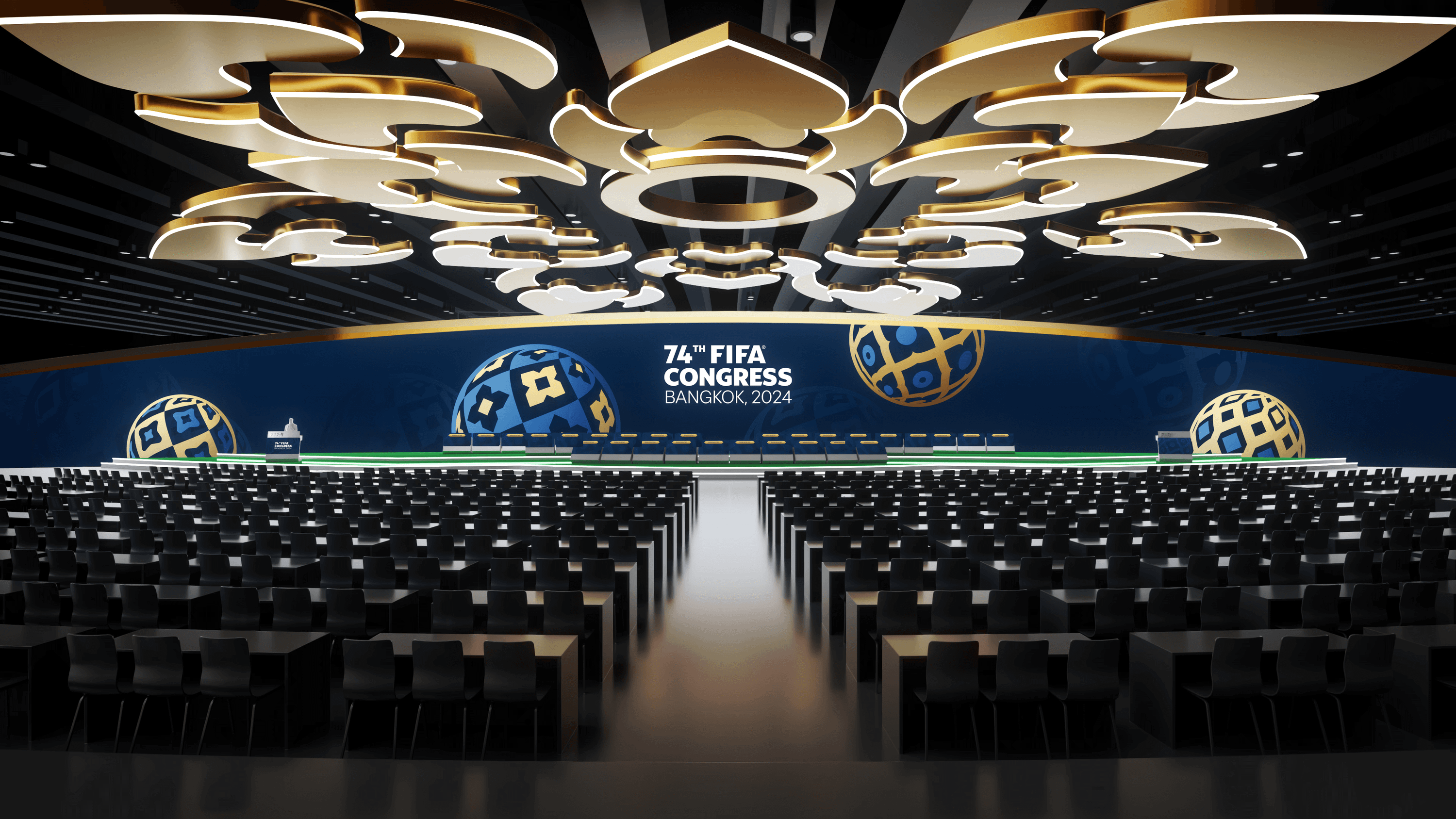 FIFA Congress 2024: congress hall under the LED wall with a golden 3D ornament