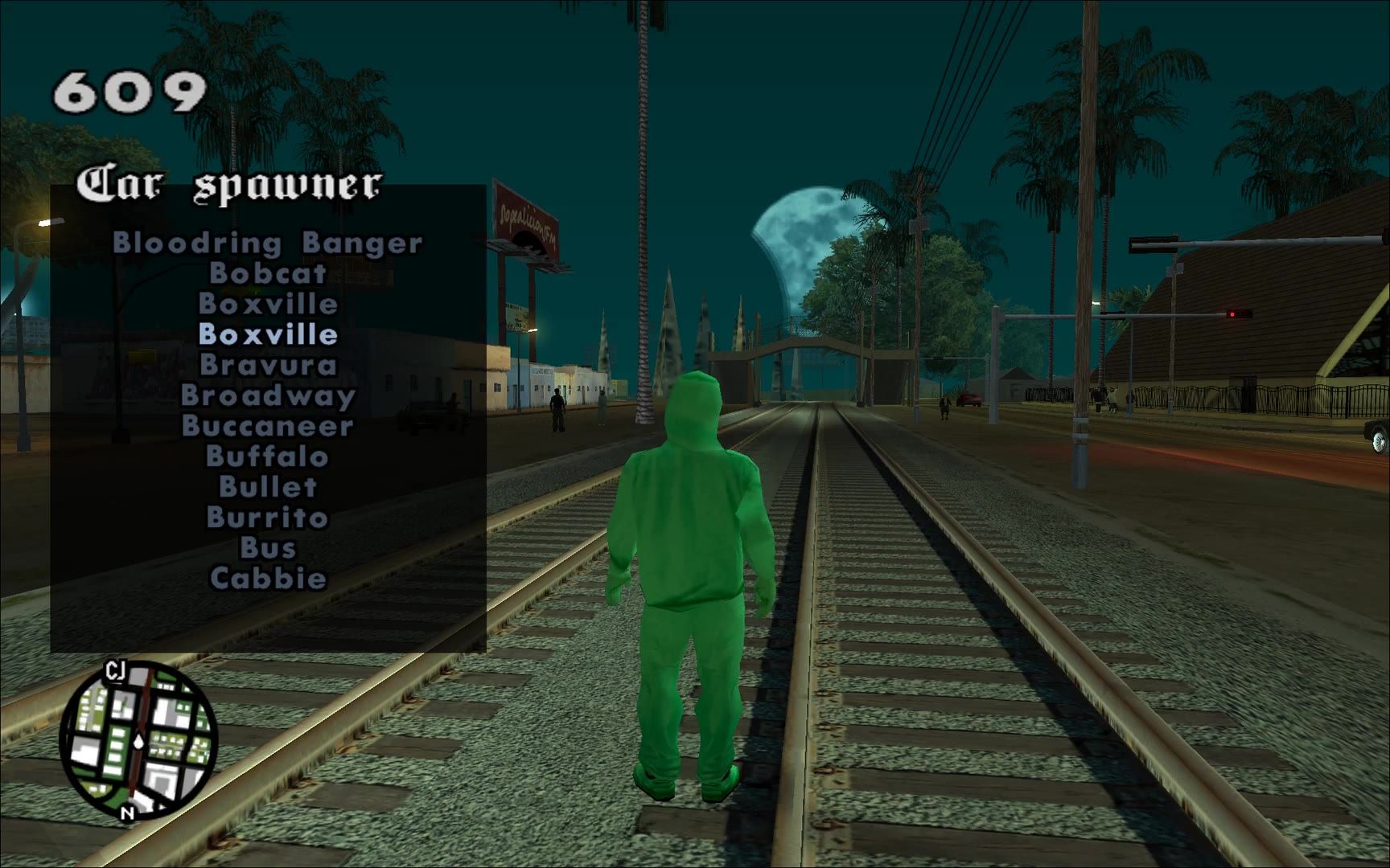 Green Marsimoto character with the car spawner menu in GTA San Andreas