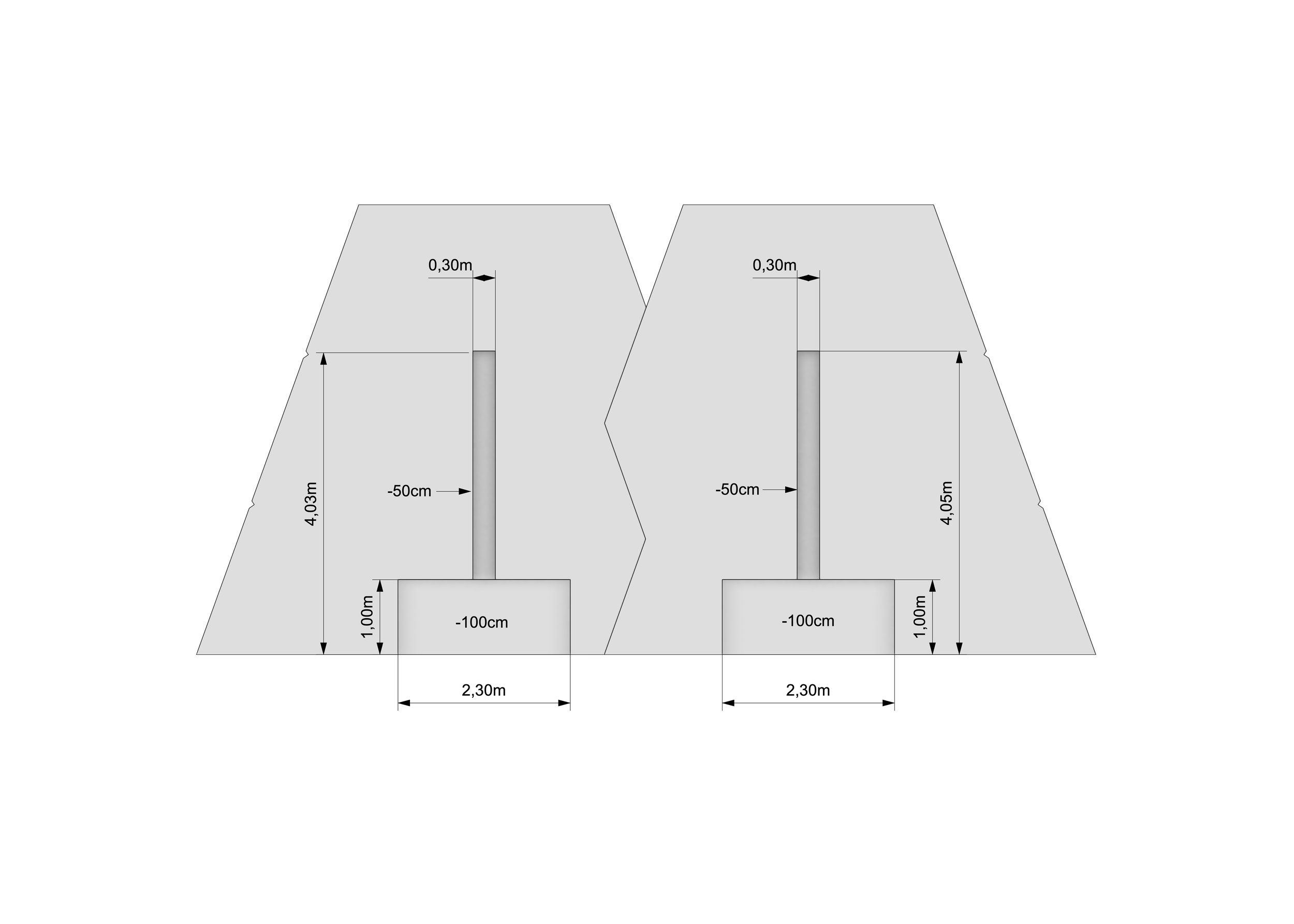 Technical drawing of the two M halves with internal supports and measurements