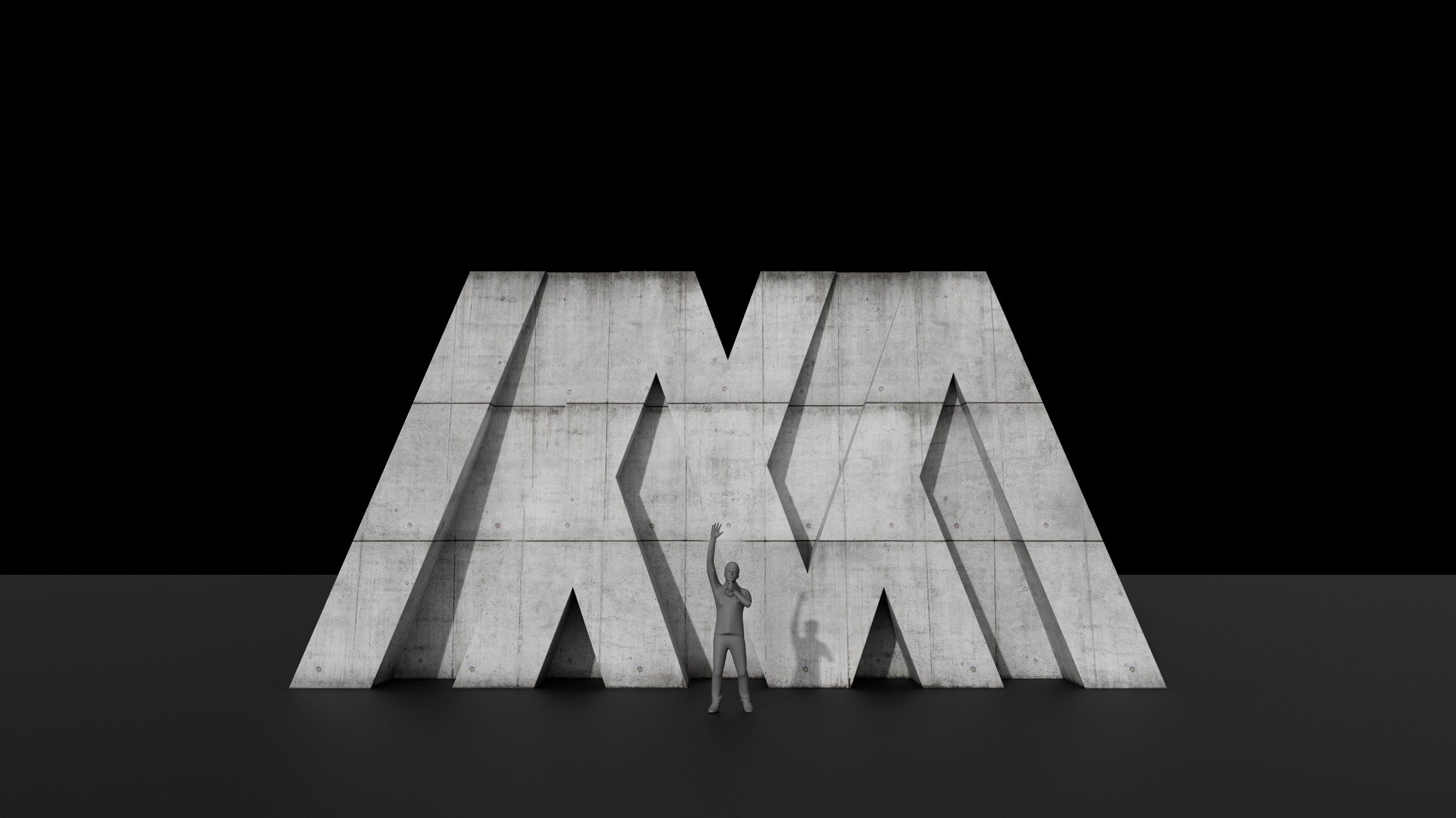 Render of the Marteria M inflatable in concrete look on a dark stage, a person for scale