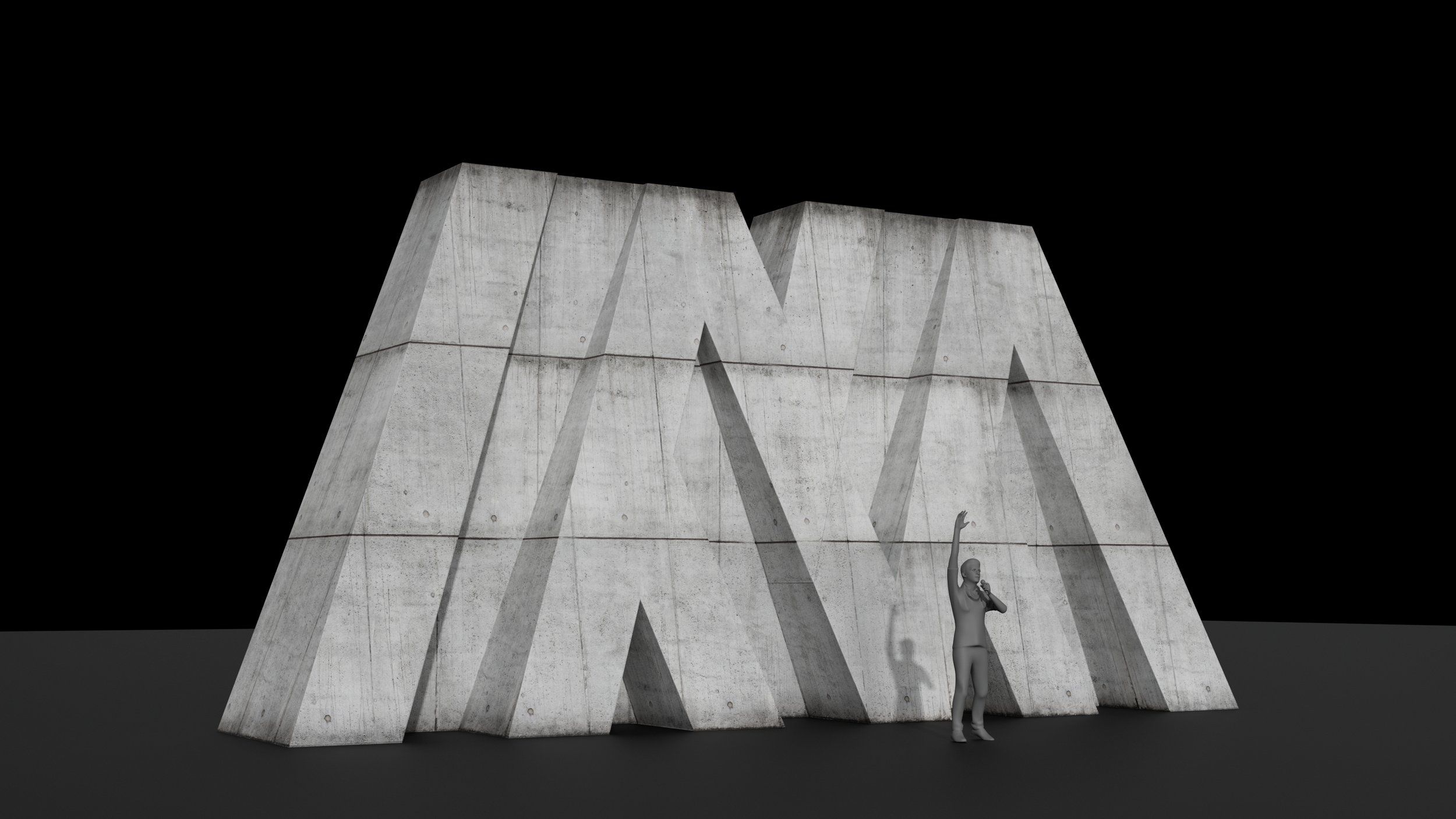 Render of the giant concrete-look M inflatable, front view
