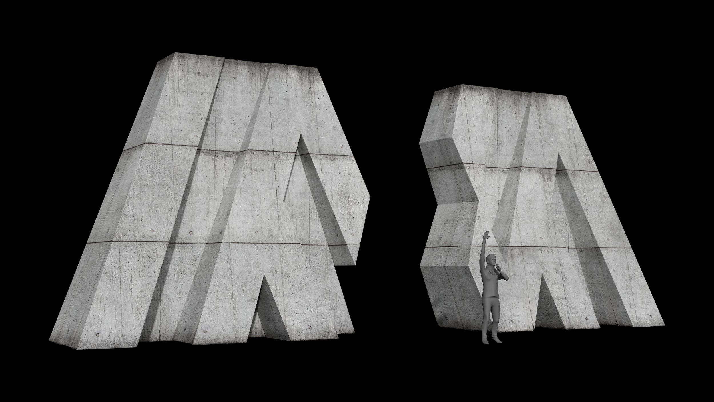 Render of the M inflatable split into two parts, a person for scale