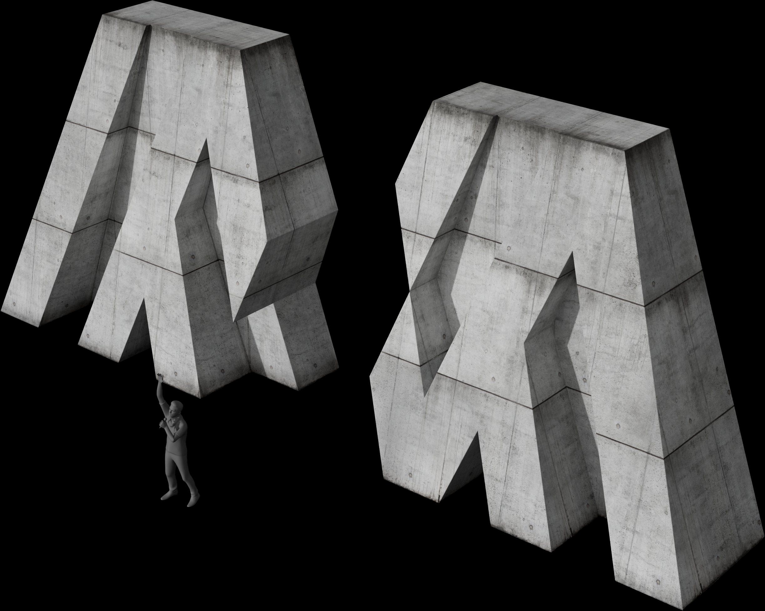 Perspective render of the concrete-look M halves towering over a person