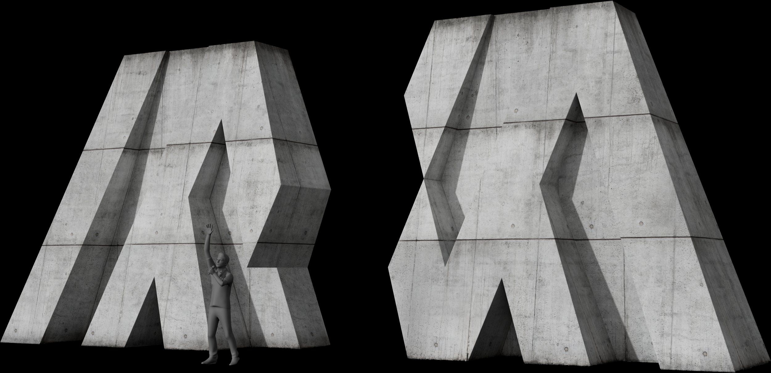 Low-angle render of the two M inflatable halves